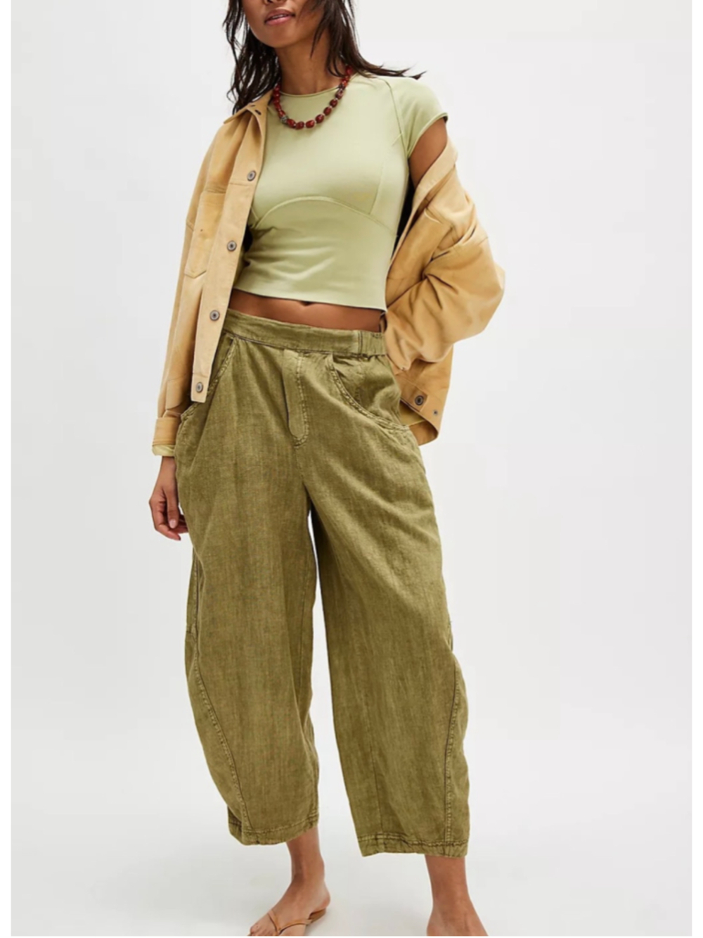 Free People High Road Pull On Barrel Wide Leg Pants Size XS Olive Green/Brown